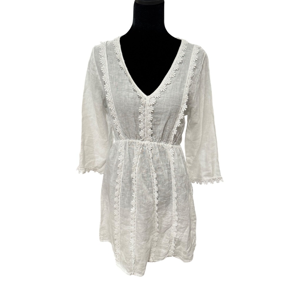 Valentina Naldi White Linen Crochet Lace Tunic Dress Made in Italy Womens Small